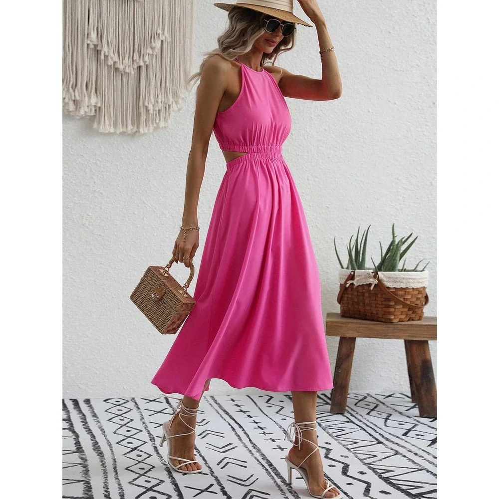 Halter Neck Cut Out Back backless midi Dress boho hot pink - Picture 6 of 7
